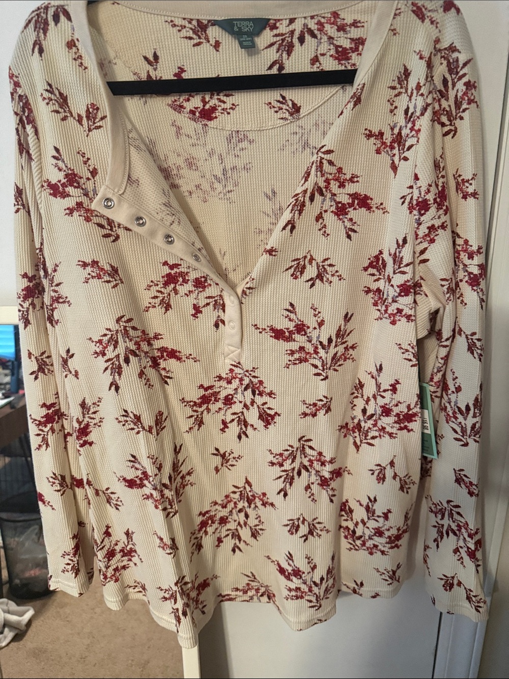Terra & Sky Cream Henley Long-Sleeve Top with Rust Floral Print
